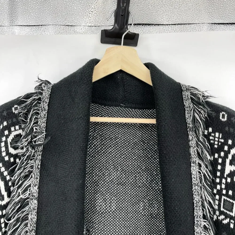 Made in Italy | Black White Paisley Jacquard Knit Fringe Cardigan *no belt* S